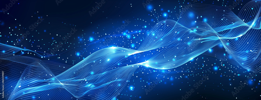 Poster abstract blue background with glowing wavy lines and dots for technology, digital data transfer or c