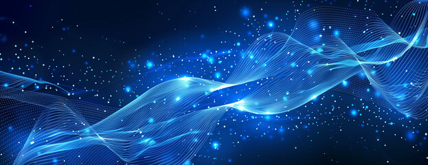 Abstract blue background with glowing wavy lines and dots for technology, digital data transfer or communication concept