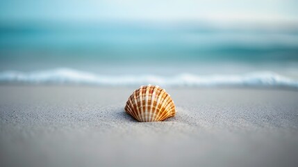 Solitary Seashell on Serene Sandy Beach with Tranquil Ocean Waves