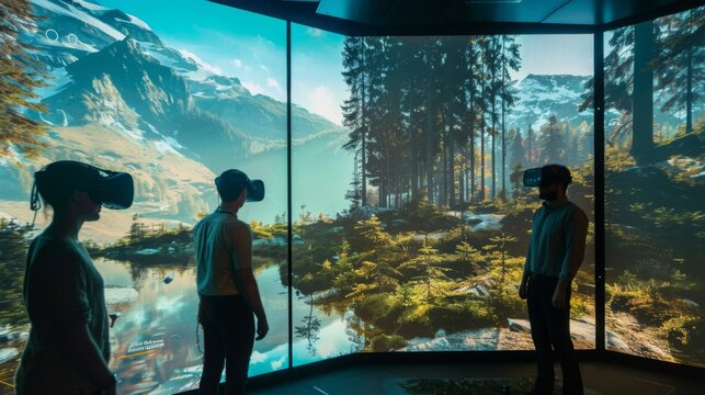 Three people wearing VR headsets are immersed in a virtual reality experience of a mountain landscape with a forest, a lake, and snowy peaks. - Powered by Adobe