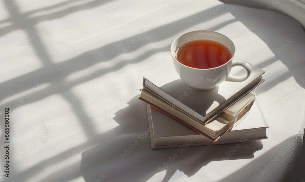 Poster stack of books with a cup of tea on a light gray table, soft shadows from window