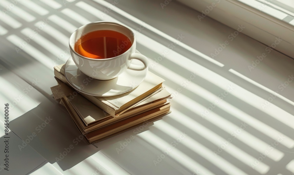 Poster stack of books with a cup of tea on a light gray table, soft shadows from window