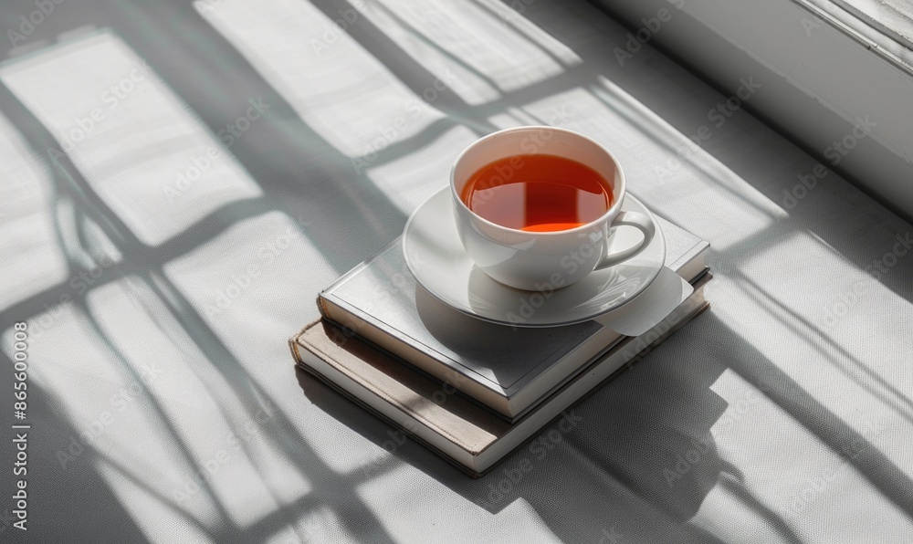 Poster stack of books with a cup of tea on a light gray table, soft shadows from window