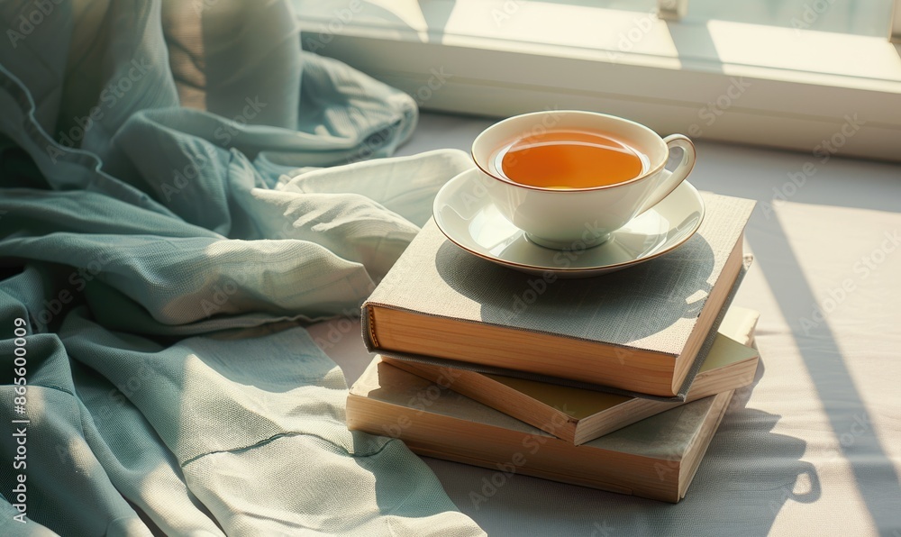 Poster stack of books with a cup of tea on a light gray table, soft shadows from window