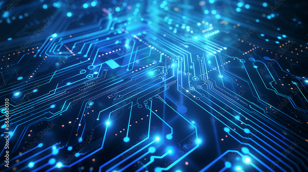 Poster abstract blue circuit board background with glowing elements, representing technology and digital ma