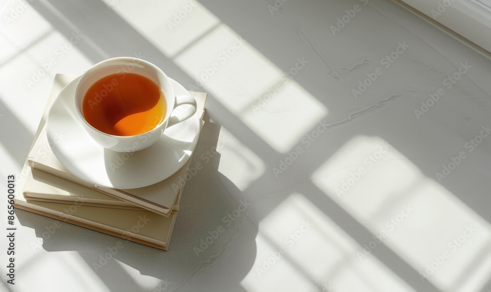 Poster stack of books with a cup of tea on a light gray table, soft shadows from window
