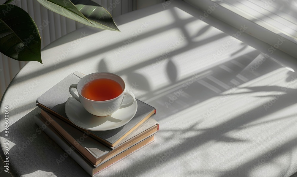 Poster stack of books with a cup of tea on a light gray table, soft shadows from window