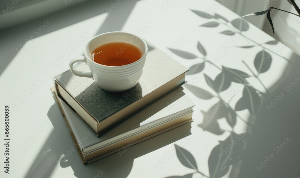 Poster stack of books with a cup of tea on a light gray table, soft shadows from window