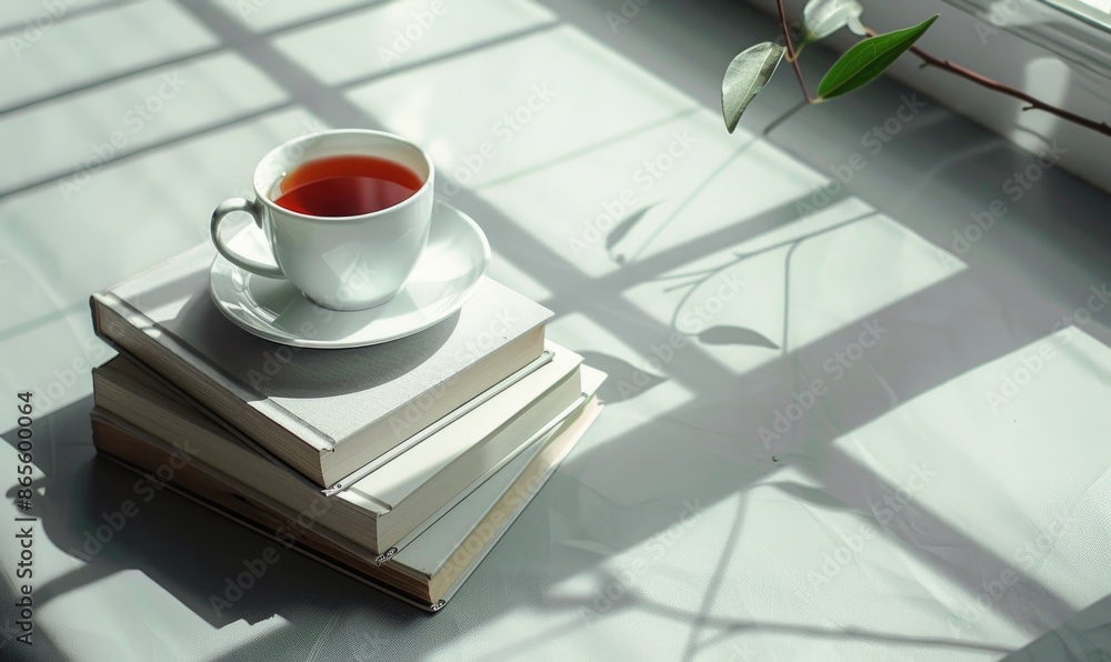 Poster stack of books with a cup of tea on a light gray table, soft shadows from window