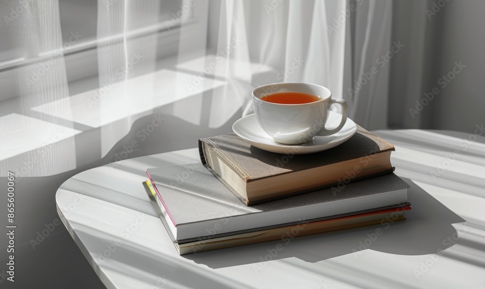 Poster stack of books with a cup of tea on a light gray table, soft shadows from window