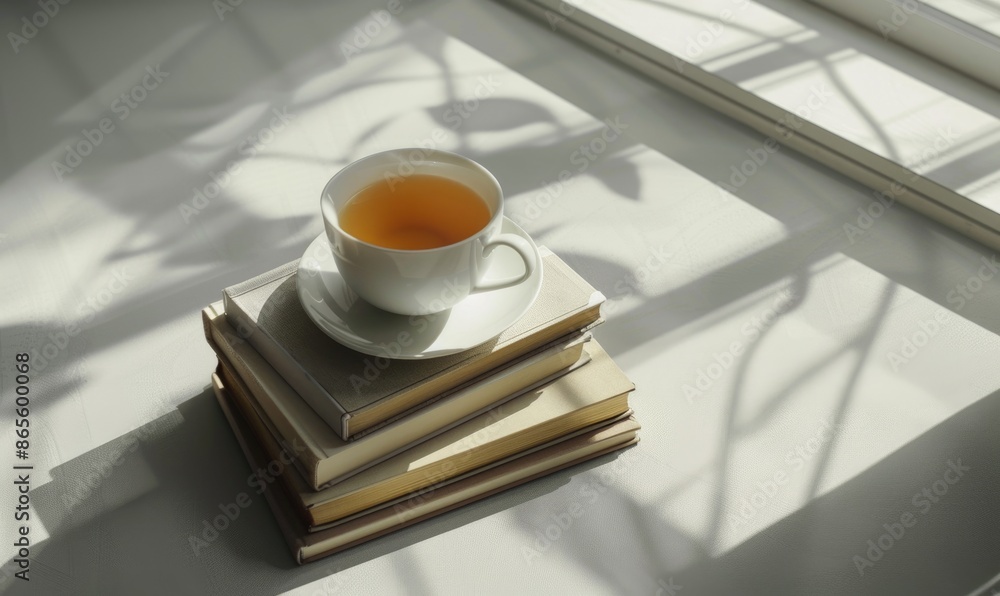 Poster stack of books with a cup of tea on a light gray table, soft shadows from window