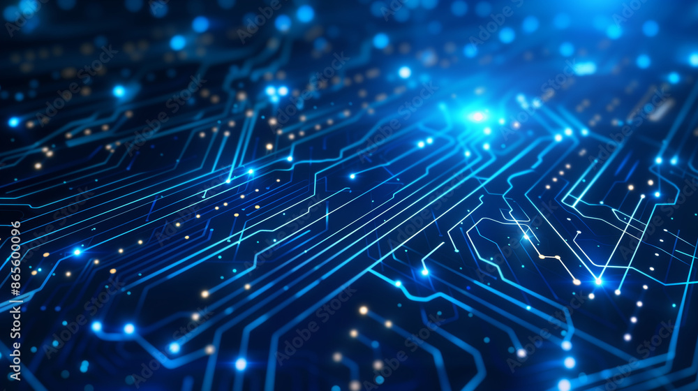 Poster abstract blue circuit board background with glowing elements and light effects, symbolizing technolo