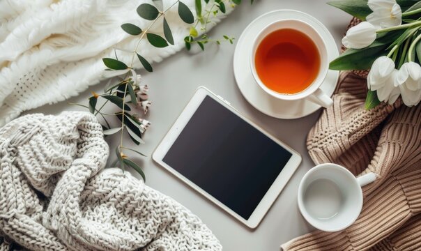 Tablet on a light blue table with a cup of tea on the right, shadow from window, top view