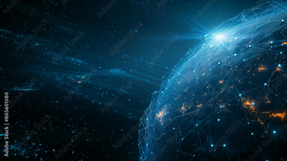 Poster abstract blue planet earth with glowing light connection lines on a dark background, representing a 
