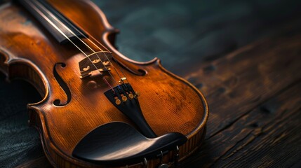 Close-up of a classical violin on a wooden table, detailed view. Musical instrument and craftsmanship concept