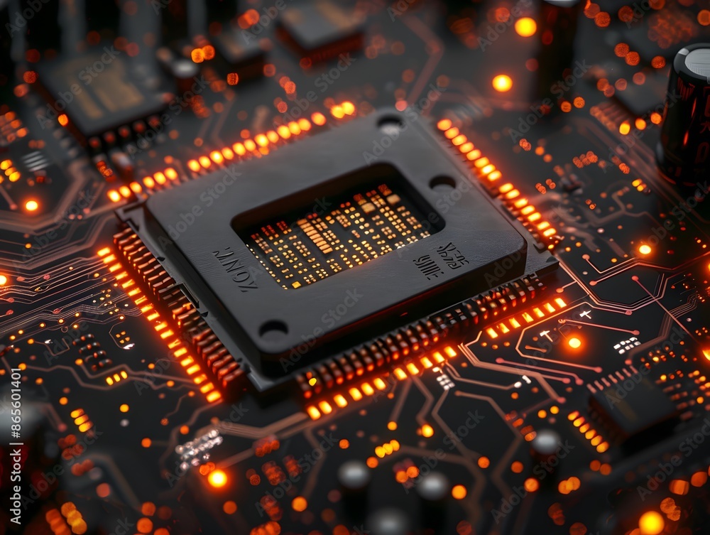 Poster close-up of a glowing microchip on a circuit board