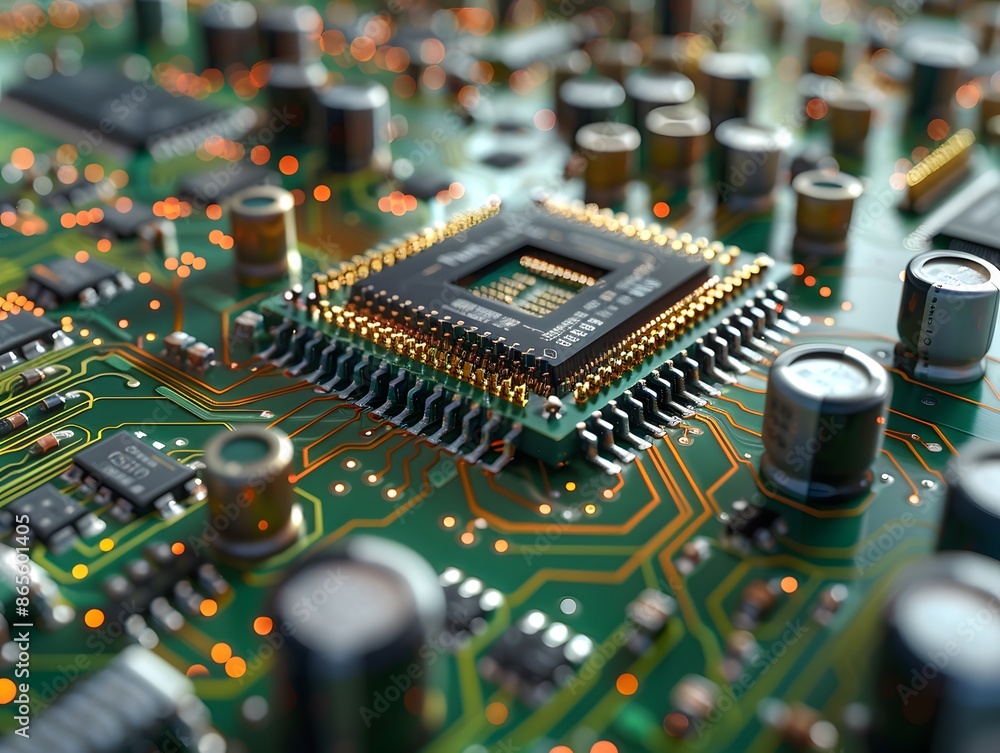 Poster close-up view of a complex circuit board with microchip and components