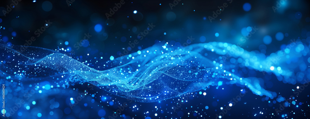 Poster abstract blue wave background with glowing lines and dots for technology, science or digital design 