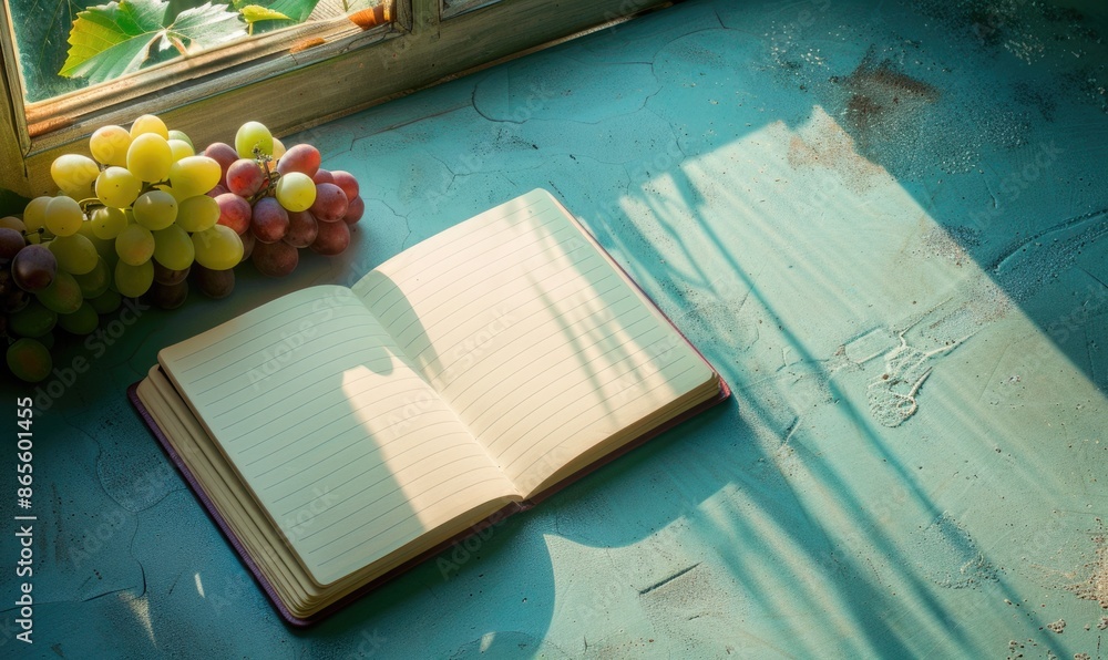 Poster notebook on a light blue table with a bunch of grapes on the left