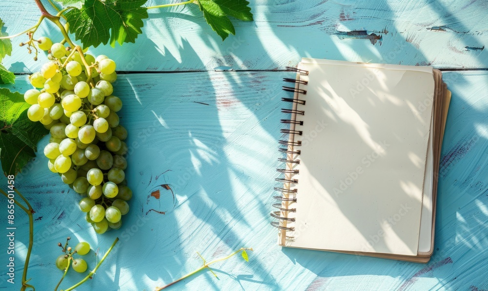 Poster closed notebook on a light blue table with a bunch of grapes on the left