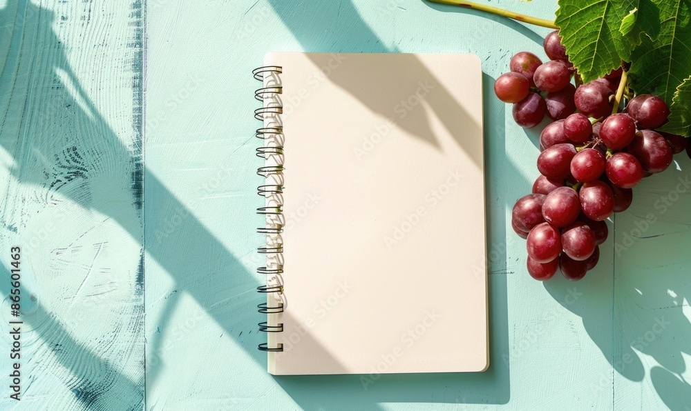 Poster closed notebook on a light blue table with a bunch of grapes on the left