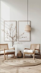 Fototapeta premium A modern living room interior design with white armchairs and a wicker coffee table