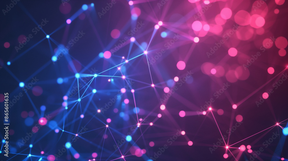 Poster abstract digital background with blue and red glowing dots connected by lines forming an intricate p