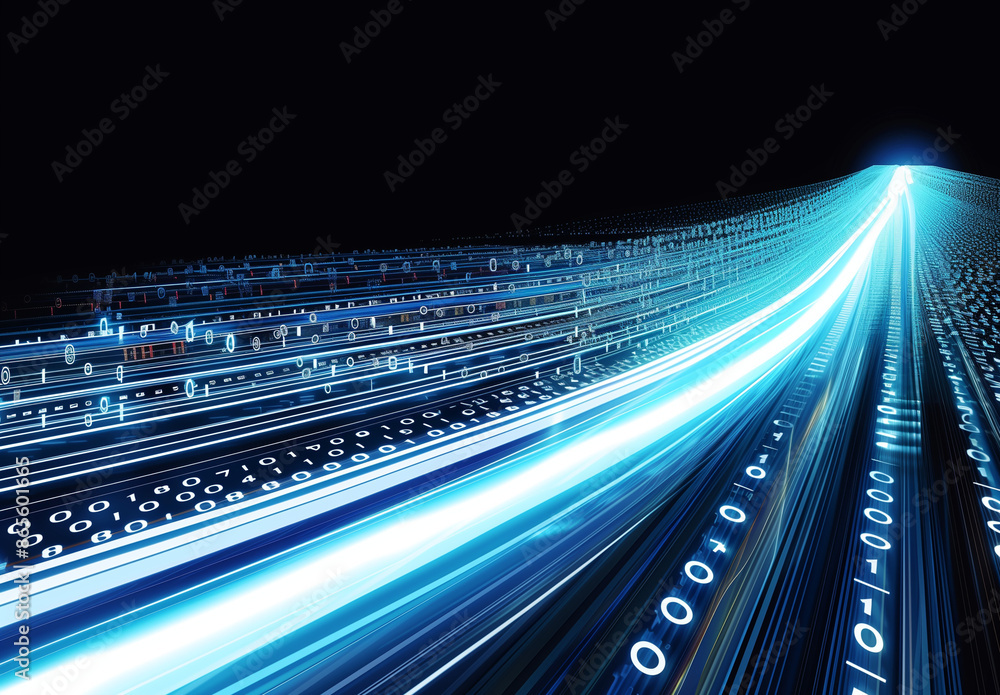 Poster abstract digital background with blue binary code and light streaks on black, representing data flow