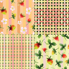 Set of four vector pattern. Gender neutral, checkered, quilted, watercolor pattern of ripening strawberries and flowers and two coordinating braided patterns.