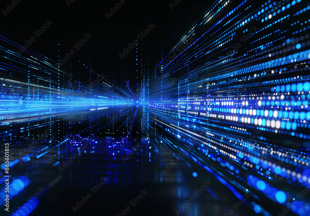 Poster abstract digital background with blue binary code and light streaks on black, representing data flow