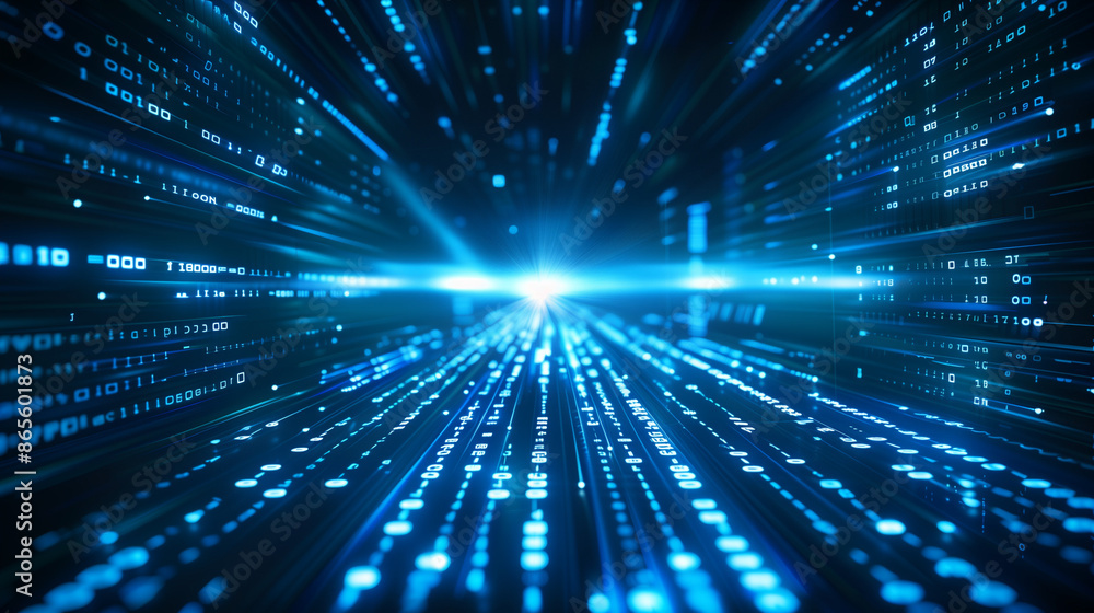 Poster abstract digital background with blue binary code and light streaks on black, representing data flow
