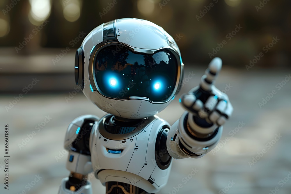 Poster futuristic robot with glowing eyes pointing forward