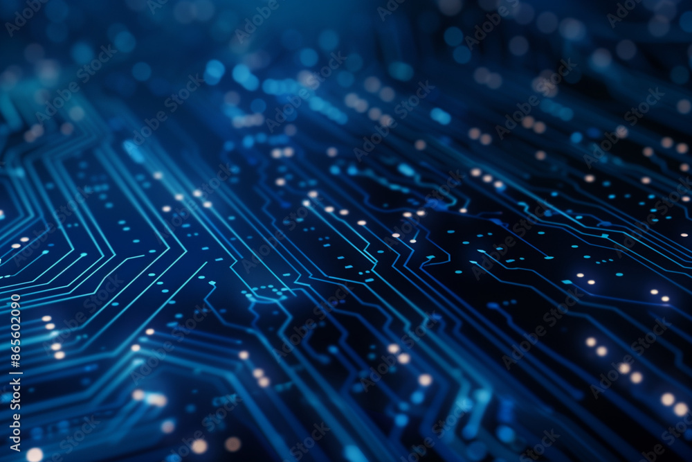 Poster abstract digital background with circuit board lines and glowing dots on dark blue backdrop, ai tech