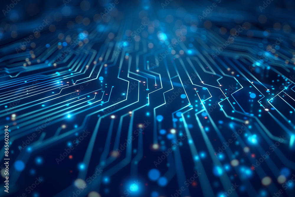 Aufkleber abstract digital background with circuit board lines and glowing dots on dark blue backdrop, ai tech