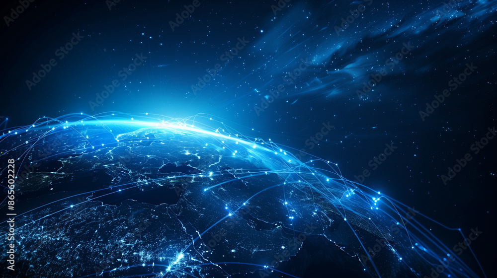 Poster abstract blue planet earth with glowing light connection lines on a dark background, representing a 