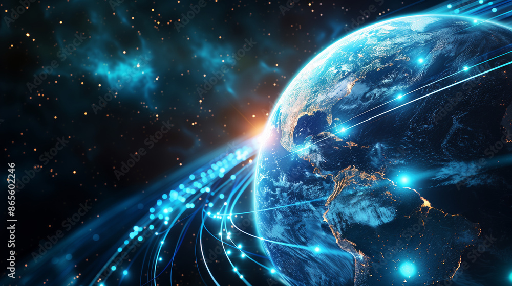 Poster abstract blue planet earth with glowing light connection lines on a dark background, representing a 