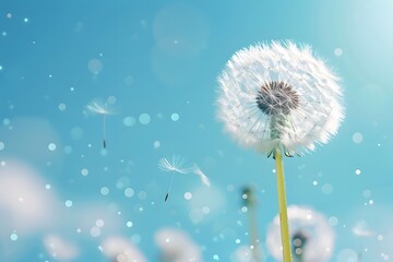 Obraz premium Dandelion Seeds Floating in the Breeze Against a Clear Blue Sky