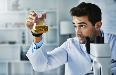 Man, beaker and scientist with fluid in laboratory for clinical analysis, experiment and medical research for test. Male doctor, liquid and sample for chemical reaction, development and innovation.