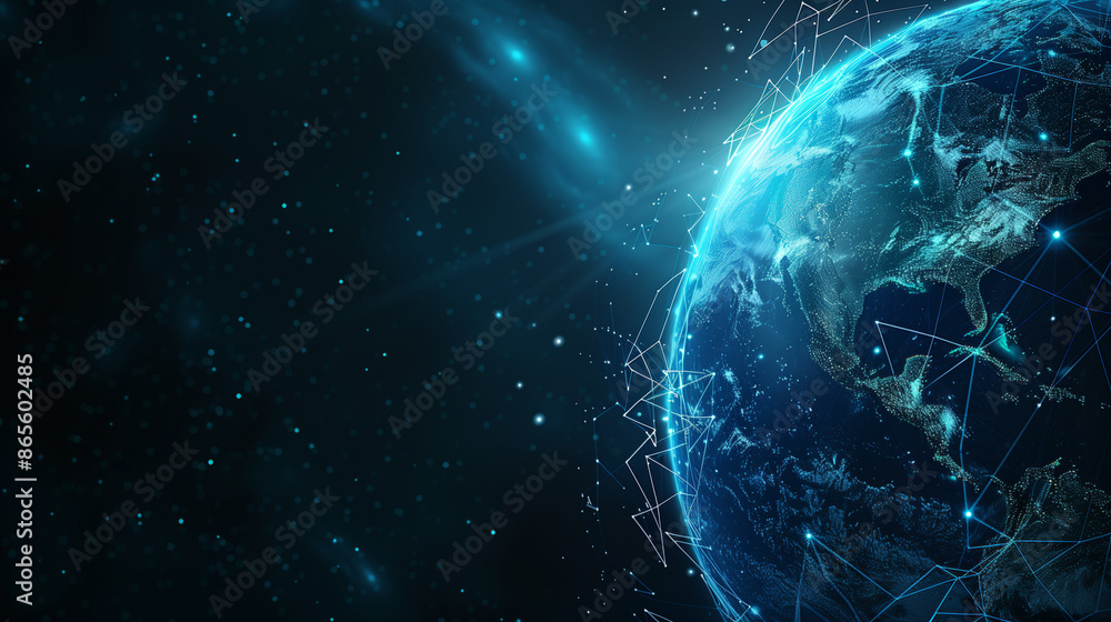 Poster abstract blue planet earth with glowing light connection lines on a dark background, representing a 
