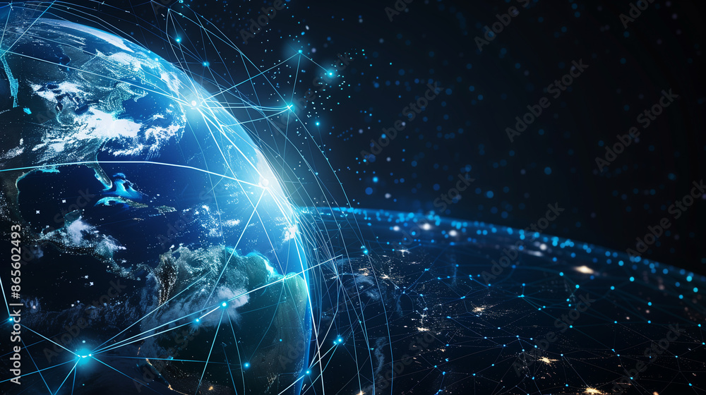 Aufkleber abstract blue planet earth with glowing light connection lines on a dark background, representing a 