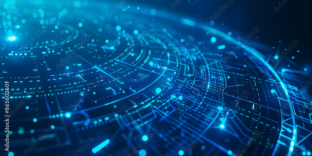 Poster abstract futuristic background with glowing circles and digital elements on a blue background.