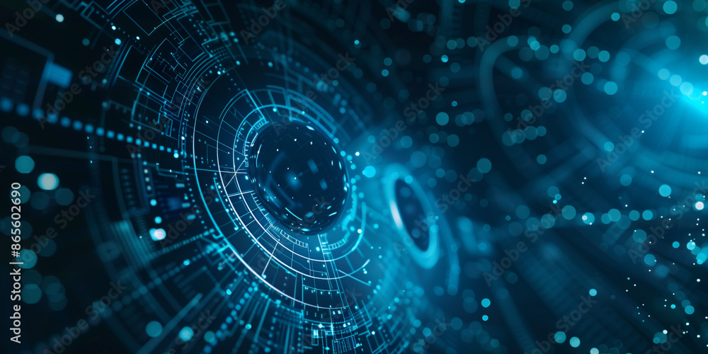 Poster abstract futuristic background with glowing circles and digital elements on a blue background.