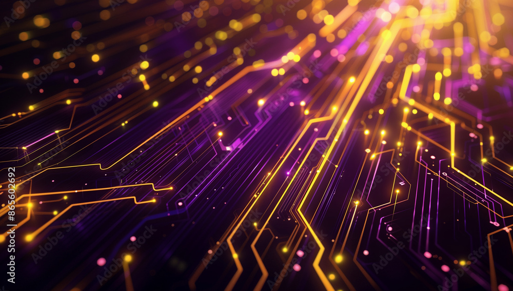 Poster yellow light on a black backdrop, tech elements like a circuit board in the style of low poly video 