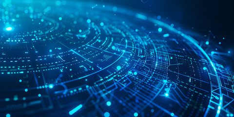 Abstract futuristic background with glowing circles and digital elements on a blue background.