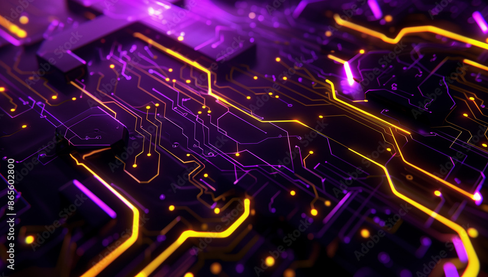 Poster yellow light on a black backdrop, tech elements like a circuit board in the style of low poly video 