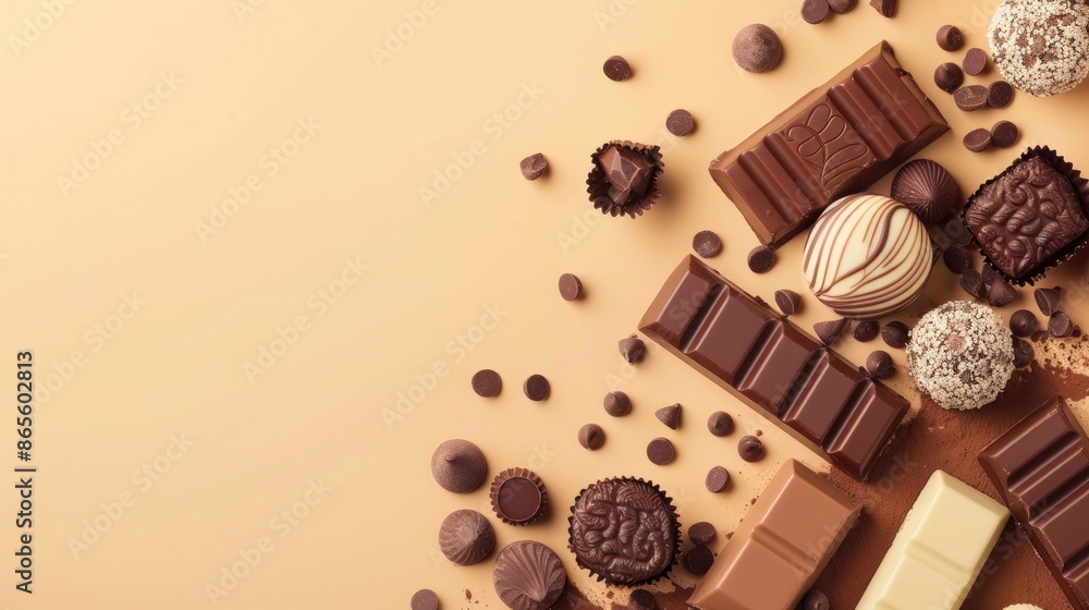 Poster close up of assorted chocolate products on colored background with text space