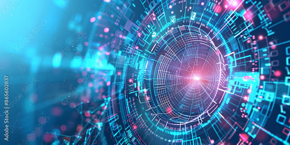 Poster abstract futuristic background with glowing circles and digital elements on a blue background.