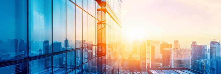 Obraz premium High-rise buildings with glass facades and sunlight reflection. Modern cityscape and business center concept. Perfect for urban and corporate themes