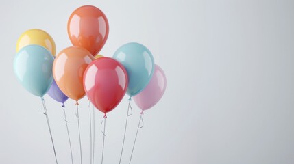 Colorful balloons floating against a white background, celebration and joy concept