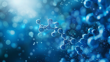 Blue background with a close-up of the structure and molecule model for advanced science or medical research.